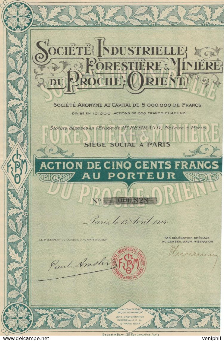 SOCIETE INDUSTRIELLE FORESTIERE ET MINIERE DU PROCHE - ORIENT - ANNEE 1924  ACTION DE 500 FRS - Mineral