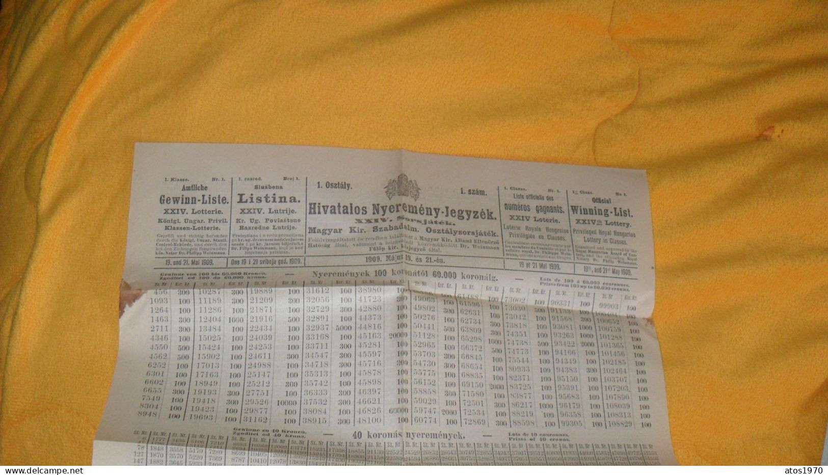 ENVELOPPE ANCIENNE + LISTE DES NUMEROS GAGNANTS LOTERIE..HONGRIE DEPART POUR MAURIAC DE 1909..CANTAL +TIMBRE - Poststempel (Marcophilie)