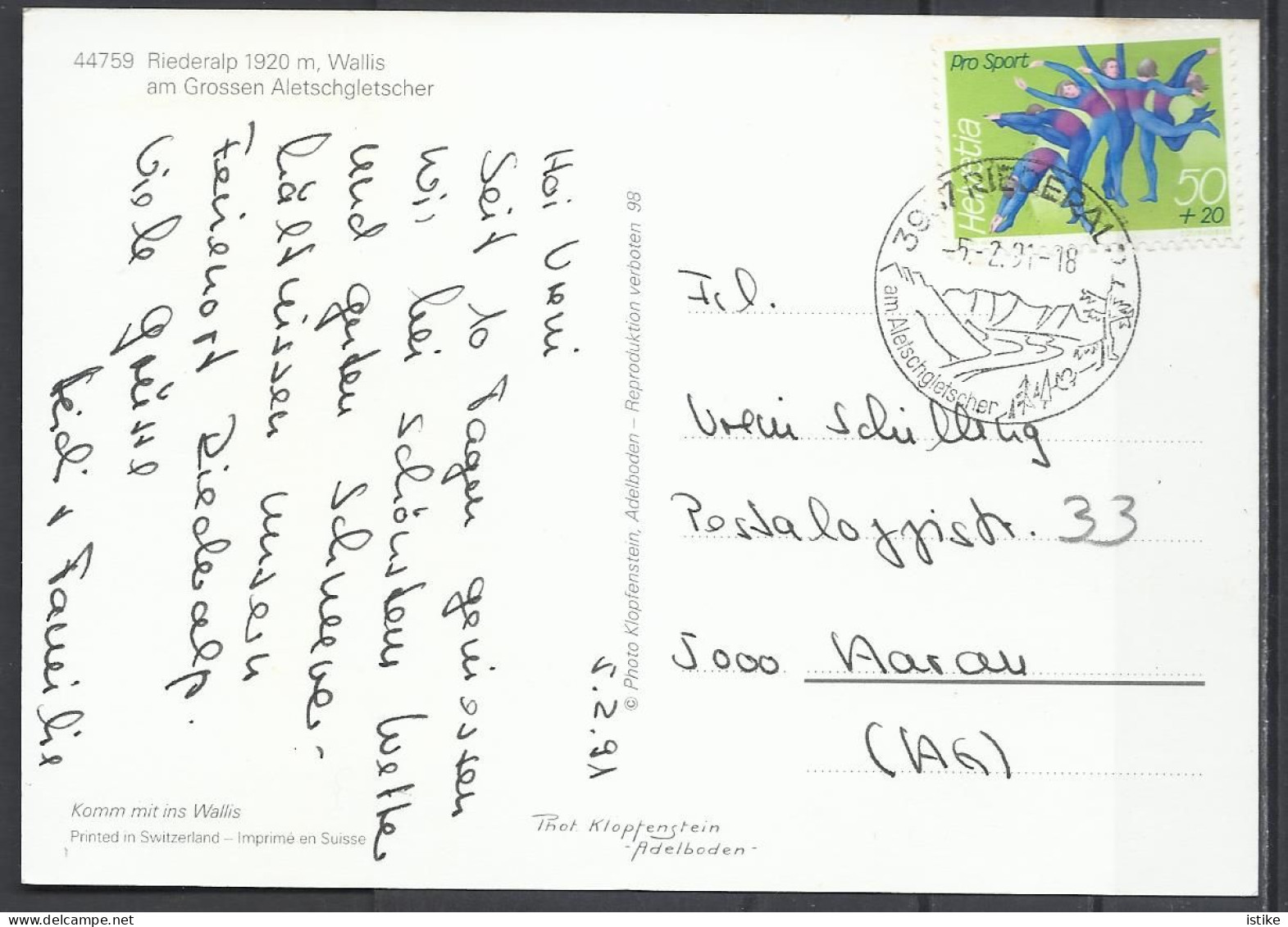 Switzerland, VS, Riederalp(1920m)am Grossen Aletschgletscher With The Same Text In Hand Cancellation, 1991 - Riederalp