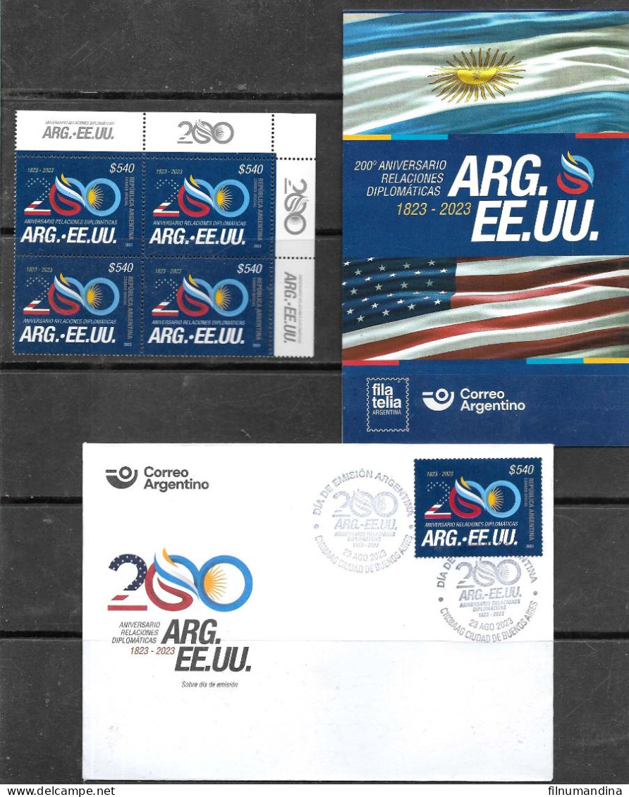 #75288 ARGENTINA 2023 UNITED STATES DIPLOMATIC RELATIONS 200°ANIV COMBO BLOCx4 MNH+FDC+POST OFFICIAL BROCHURE MNH - Nuovi