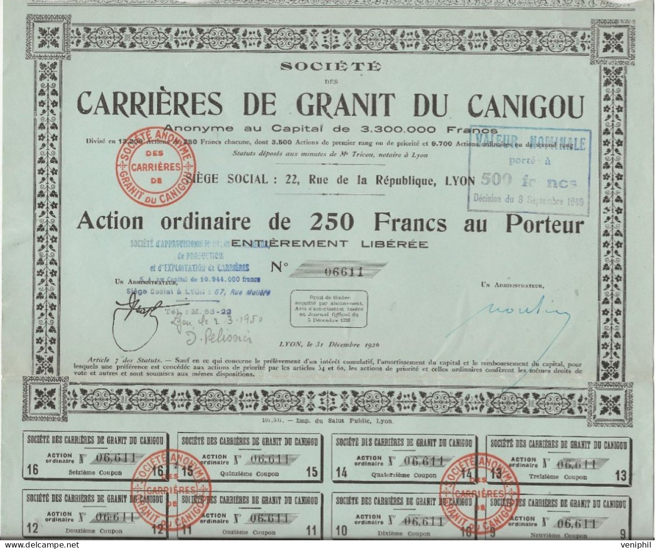 CARRIERES DE GRANIT DU CANIGOU -  ACTION DE 250 FRS  - ANNEE 1925 - Miniere