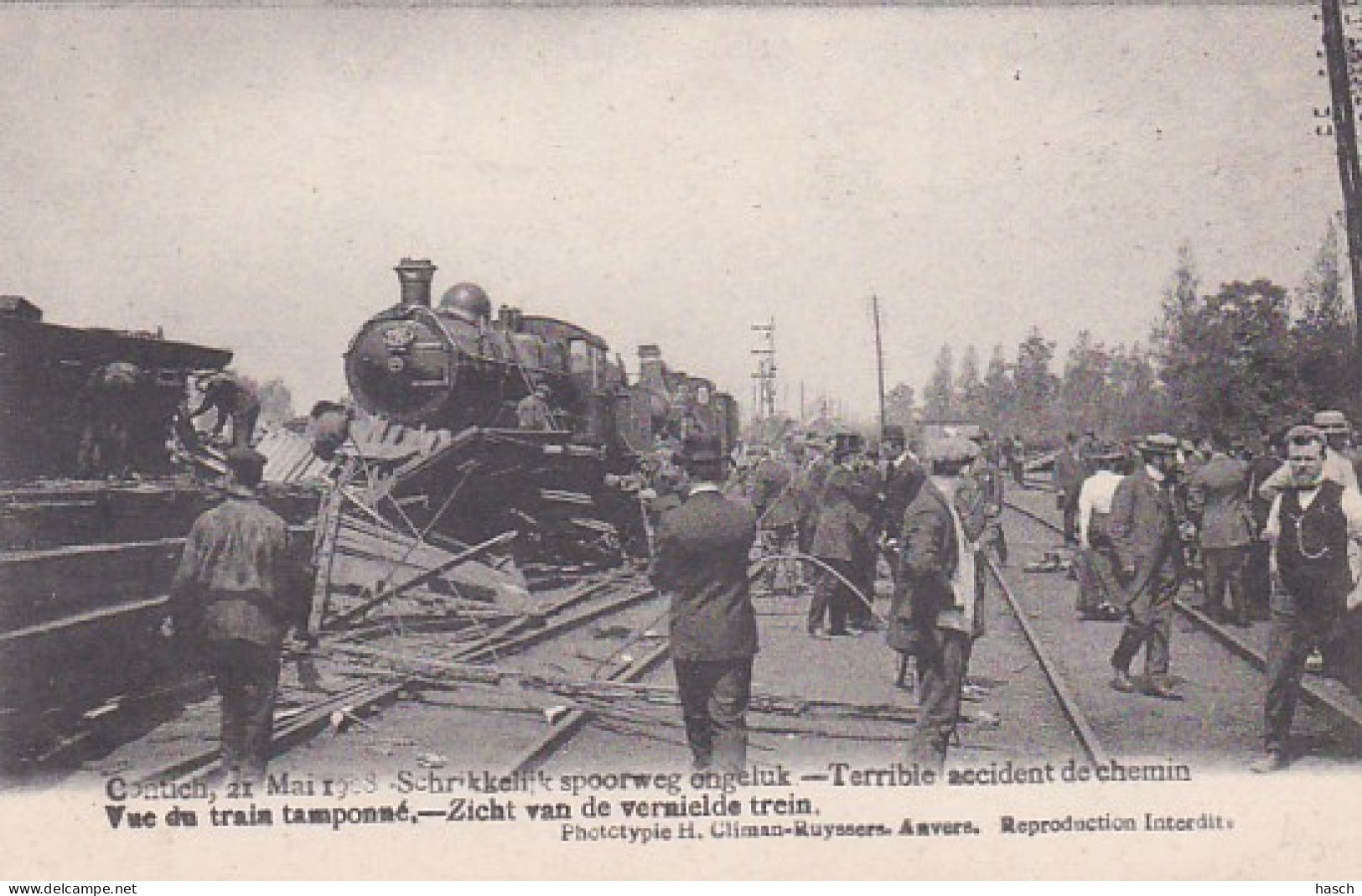 3726	40	Contich, Treinongeval 21 Mei 1908 Schrikkelijk Spoorweg Ongeluk – Zicht Van De Vernielde Trein. - Kontich