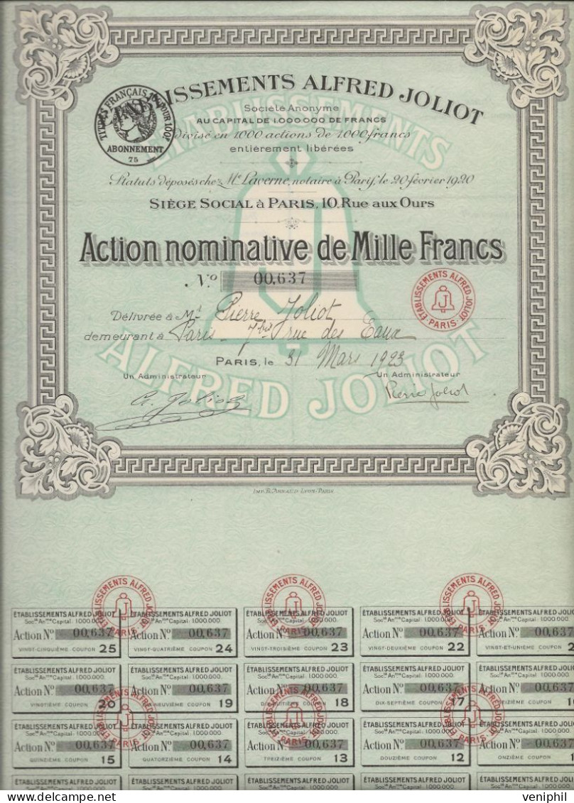 ETABLISSEMENTS ALFRED JOLIOT -ACTION NOMINATIVE DIVISE EN 1000 ACTIONS DE 1000 FRS -ANNEE 1923 - Altri & Non Classificati