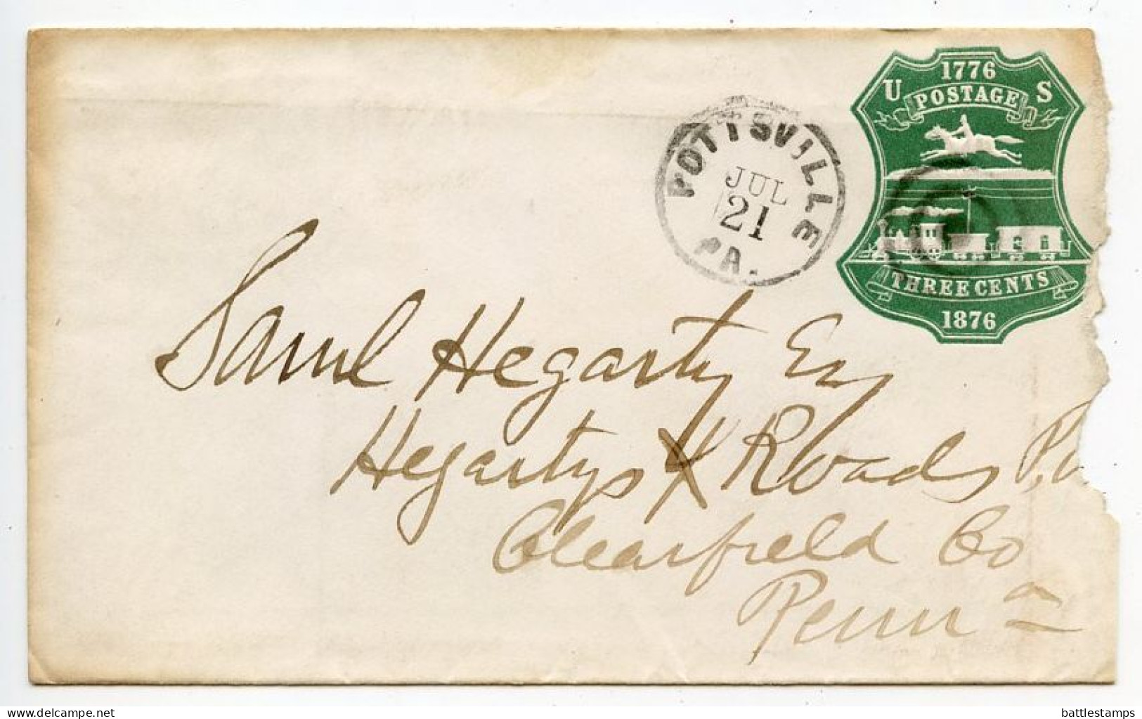 United States 1870's Scott U219 - 3c. Centennial Postal Envelope - Pottsville PA To Hegarty's Cross Roads PA - ...-1900