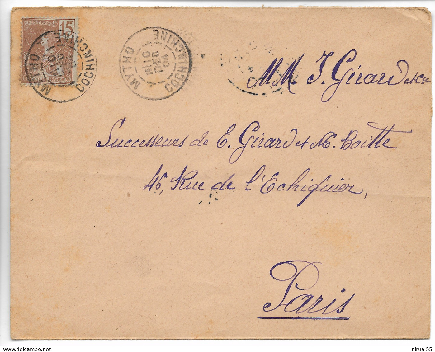 MYTHO Cochinchine CAD Type A Sur 15c Indochine Type Grasset N° 29   1904 .......G - Lettres & Documents