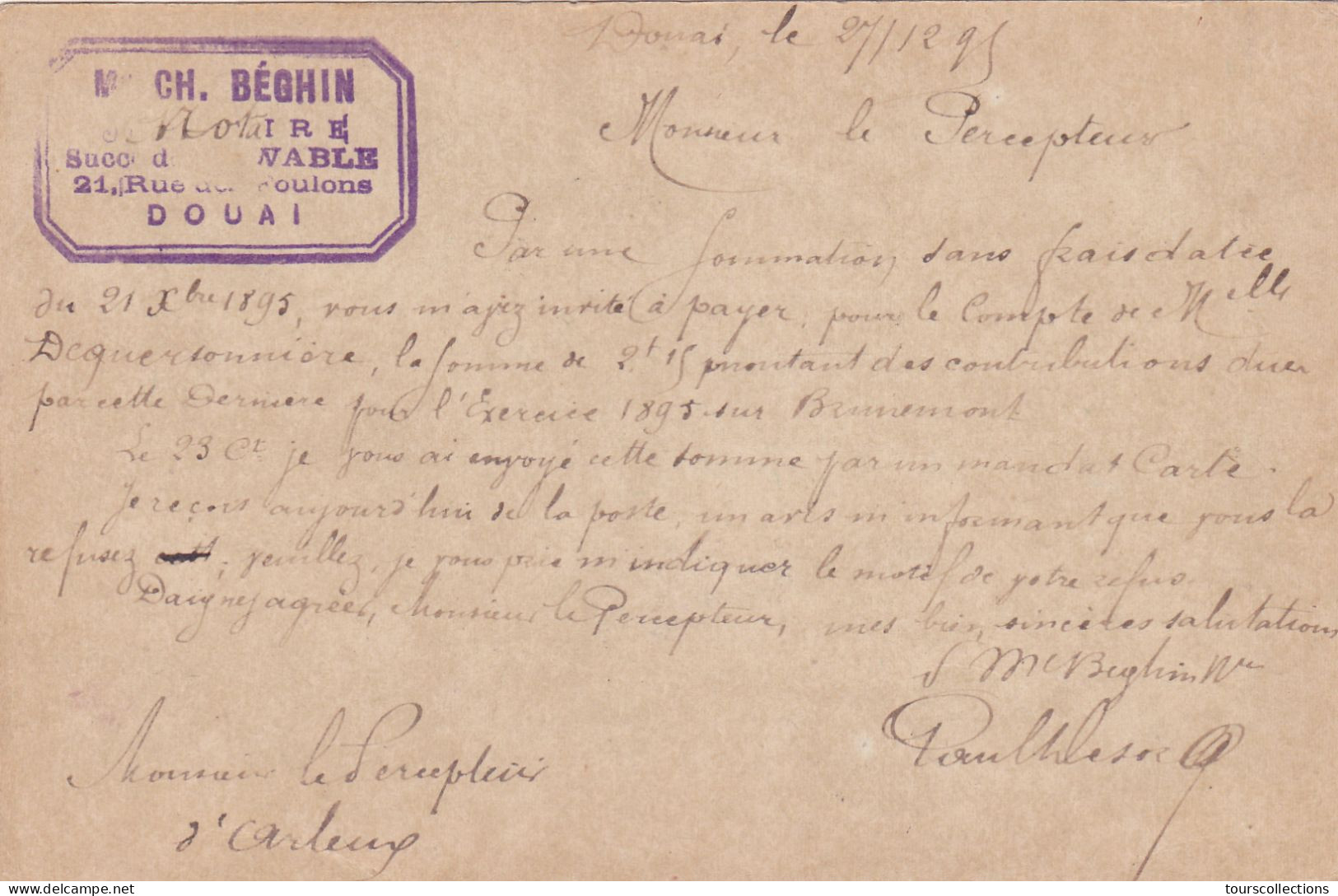 ENTIER POSTAL CARTE POSTALE De 1895 - Cachet DOUAI à ARLEUX Du Nord -  Ch. Béghin Notaire à Goichon Percepteur Impôts - Cartes Précurseurs