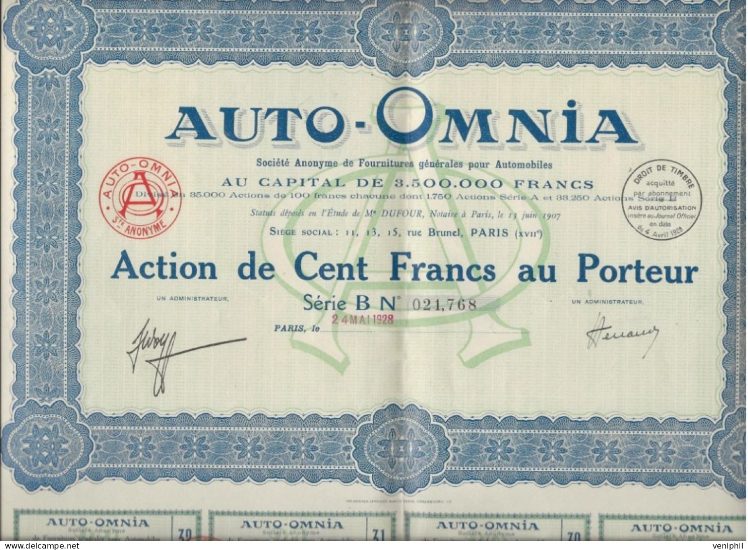 AUTO - OMNIA  -ACTION DE CENT FRANCS  - ANNEE 1928 - Transporte