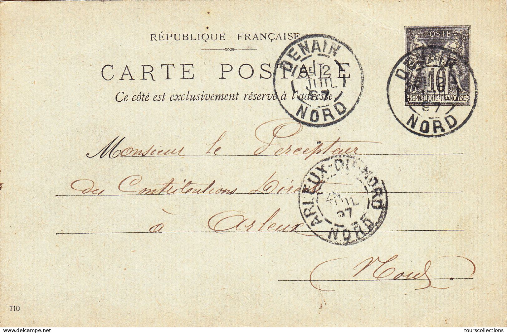 ENTIER POSTAL SAGE CARTE POSTALE De 1897 - Cachet DENAIN à ARLEUX Du Nord -  Rocquet à Goichon Percepteur Impôts - Cartes Précurseurs