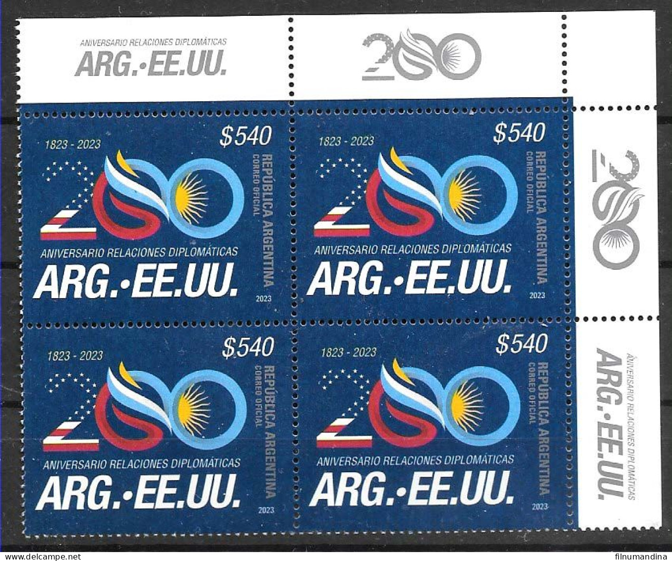 #75284 ARGENTINA 2023 UNITED STATES DIPLOMATIC RELATIONS 200"ANIV BLOC OF 4 MMNH - Unused Stamps