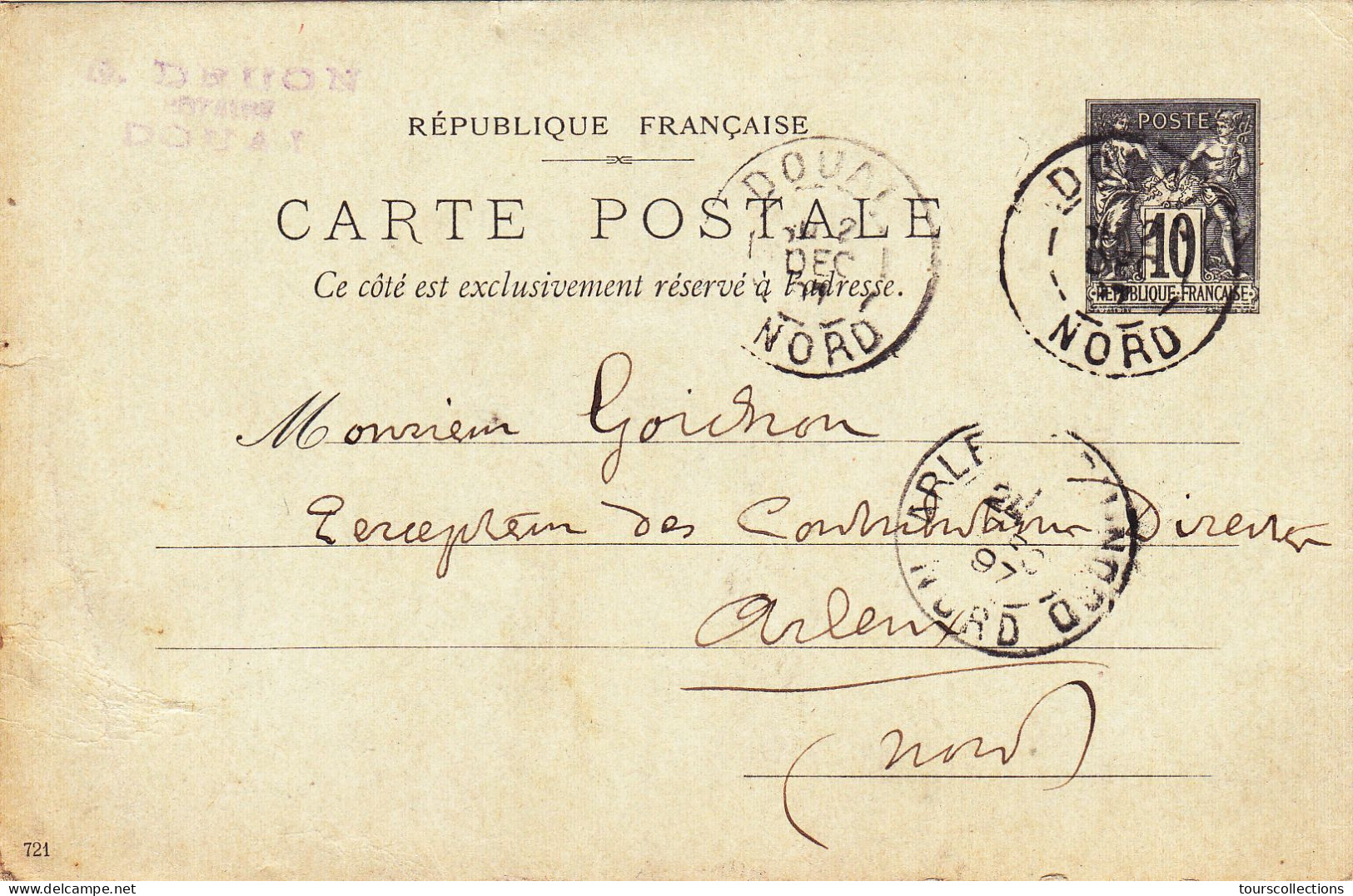 ENTIER POSTAL SAGE CARTE POSTALE De 1897 - Cachet DOUAI à ARLEUX Du Nord - Desmon F. à Goichon Percepteur Impôts - Cartes Précurseurs