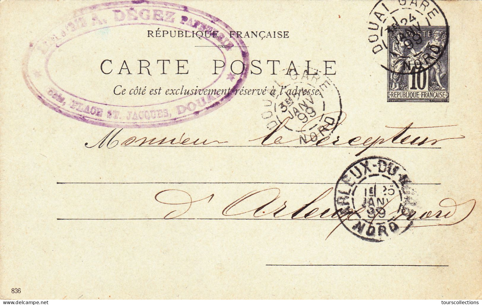 ENTIER POSTAL SAGE CARTE POSTALE De 1899 - Cachet DOUAI à ARLEUX Du Nord - DEGEZ Papeterie. à Goichon Percepteur Impôts - Cartes Précurseurs