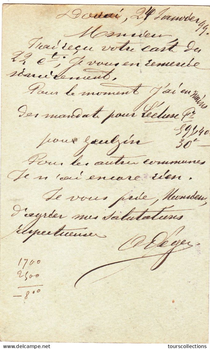 ENTIER POSTAL SAGE CARTE POSTALE De 1899 - Cachet DOUAI à ARLEUX Du Nord - DEGEZ Papeterie. à Goichon Percepteur Impôts - Vorläufer
