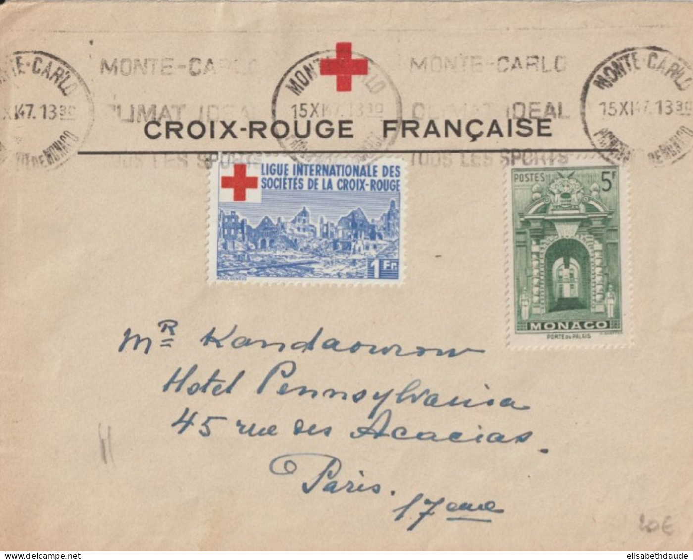 1947 - VIGNETTE CROIX-ROUGE / ENV. De MONTE-CARLO (MONACO) ! => PARIS - Red Cross