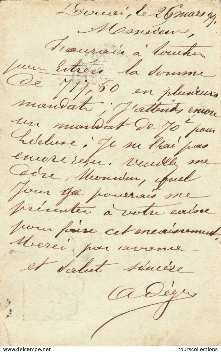 ENTIER POSTAL SAGE CARTE POSTALE De 1899 - Cachet DOUAI à ARLEUX Du Nord - DEGEZ Librairie.à Goichon Percepteur Impôts - Cartes Précurseurs