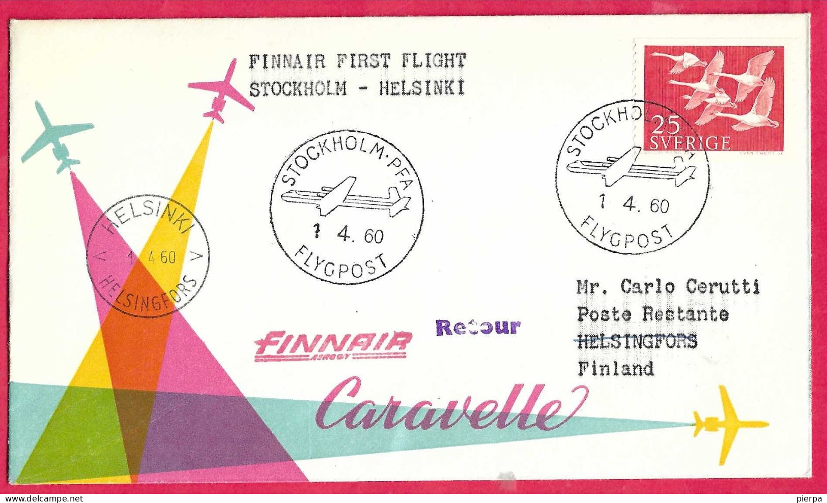 SVERIGE - FIRST FLIGHT FINNAIR WITH CARAVELLE FROM STOCKHOLM TO HELSINKI *1.4.60* ON OFFICIAL COVER - Covers & Documents