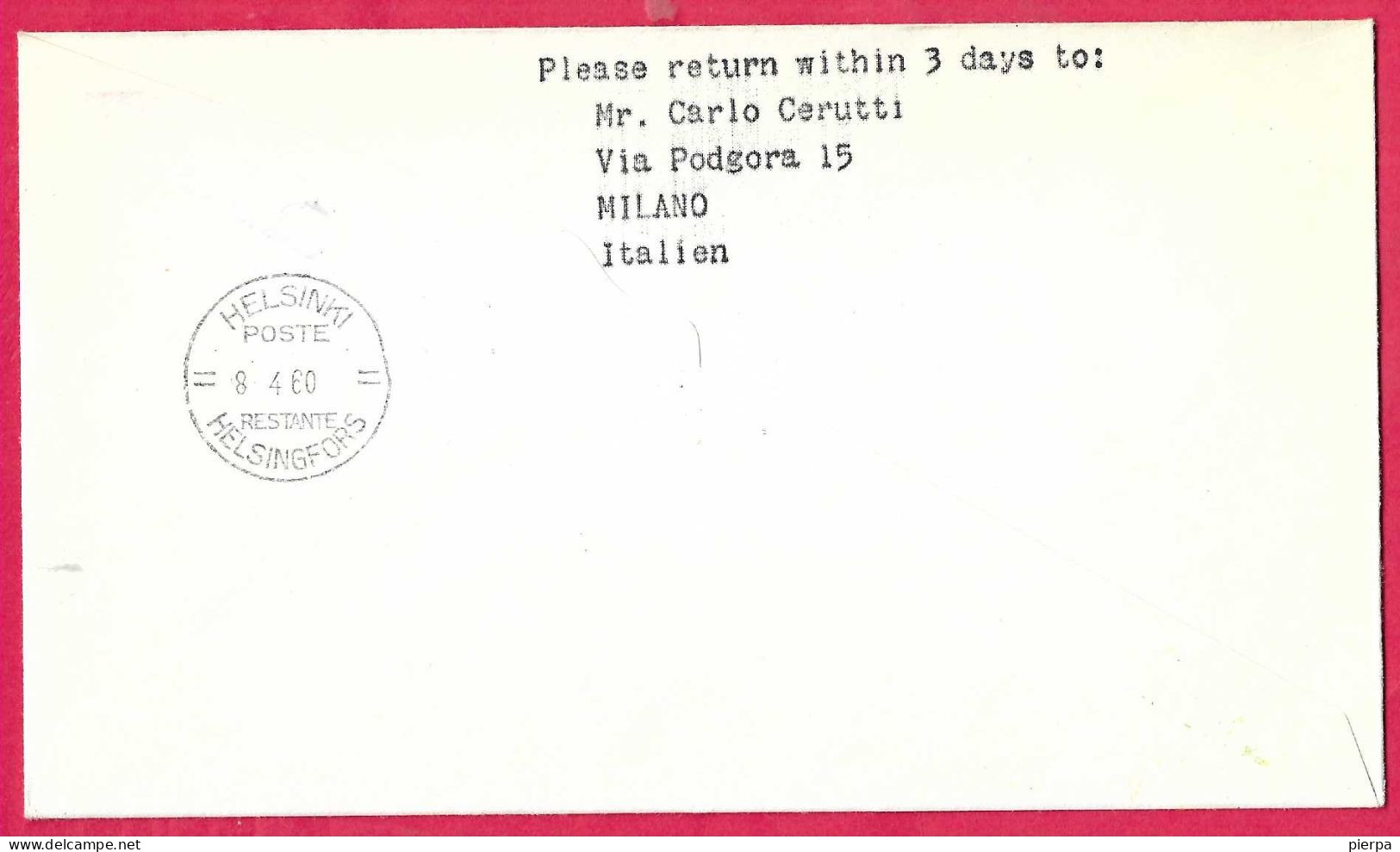 SVERIGE - FIRST FLIGHT FINNAIR WITH CARAVELLE FROM STOCKHOLM TO HELSINKI *1.4.60* ON OFFICIAL COVER - Lettres & Documents