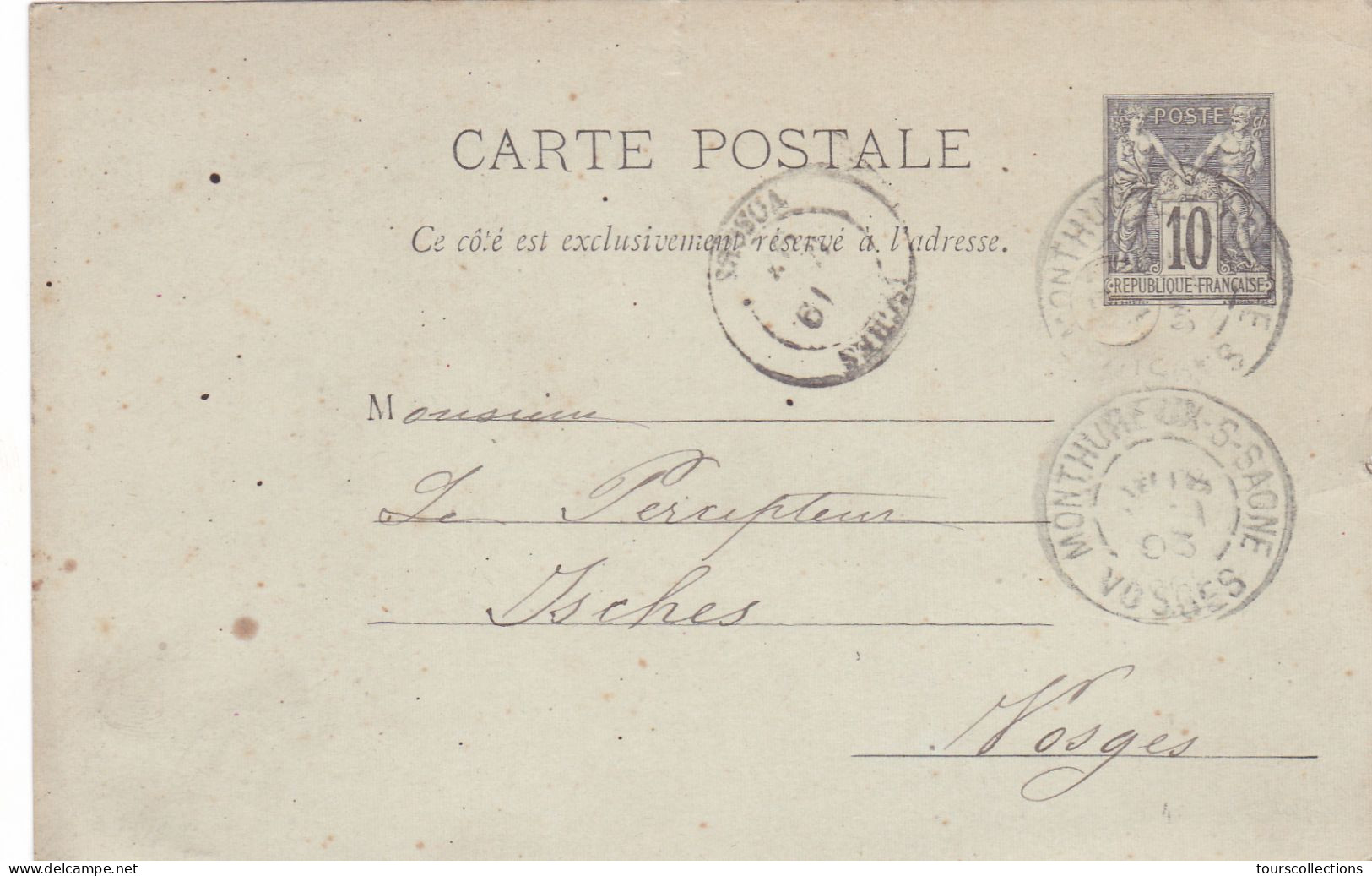 ENTIER POSTAL SAGE CARTE POSTALE De 1903 - Cachet MONTHUREUX à ISCHES Vosges - Veuve Laporte.à Goichon Percepteur Impôts - Cartes Précurseurs