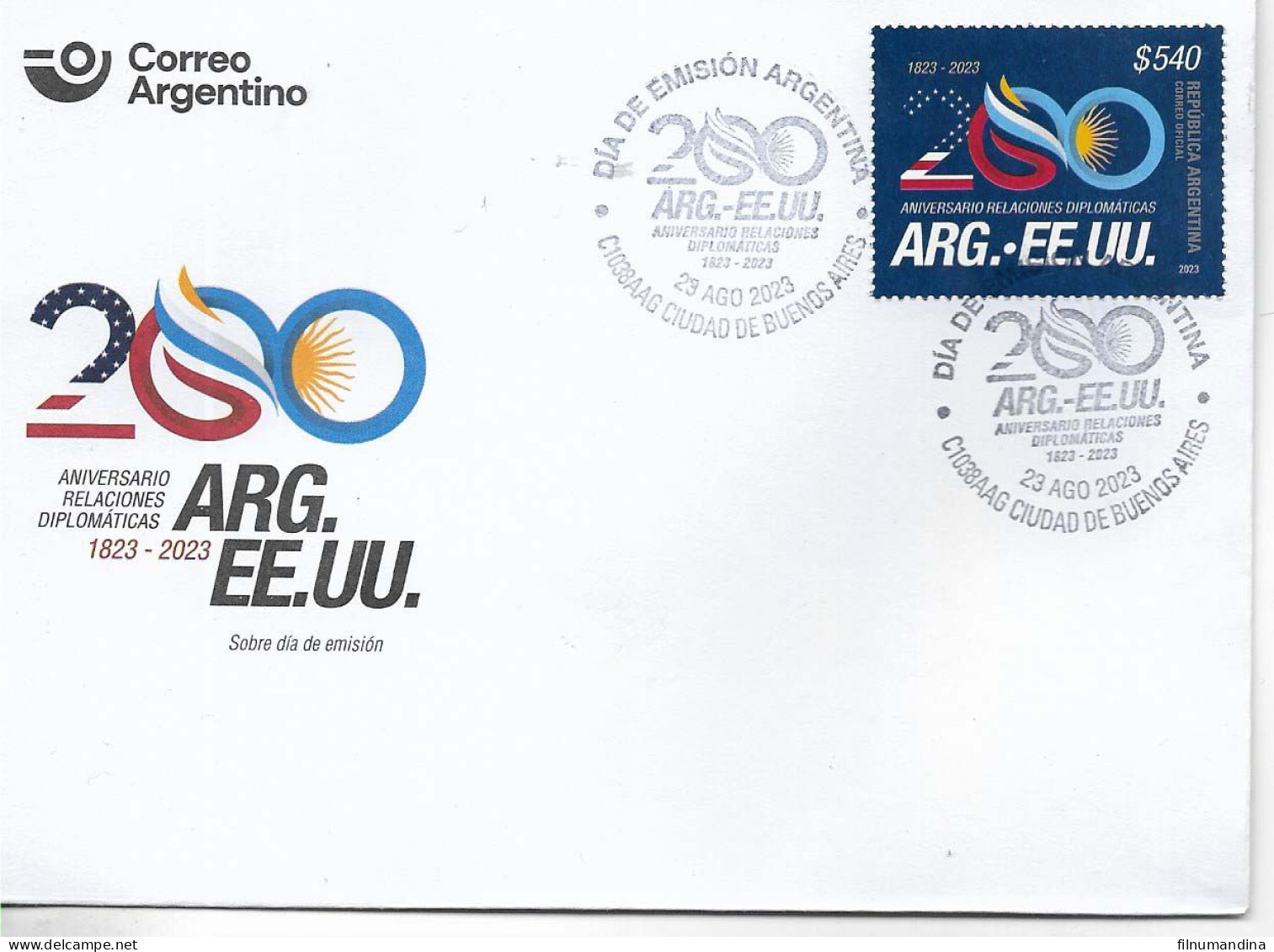 #75285 ARGENTINA 2023 UNITED STATES DIPLOMATIC RELATIONS 200"ANIV FDC - Neufs