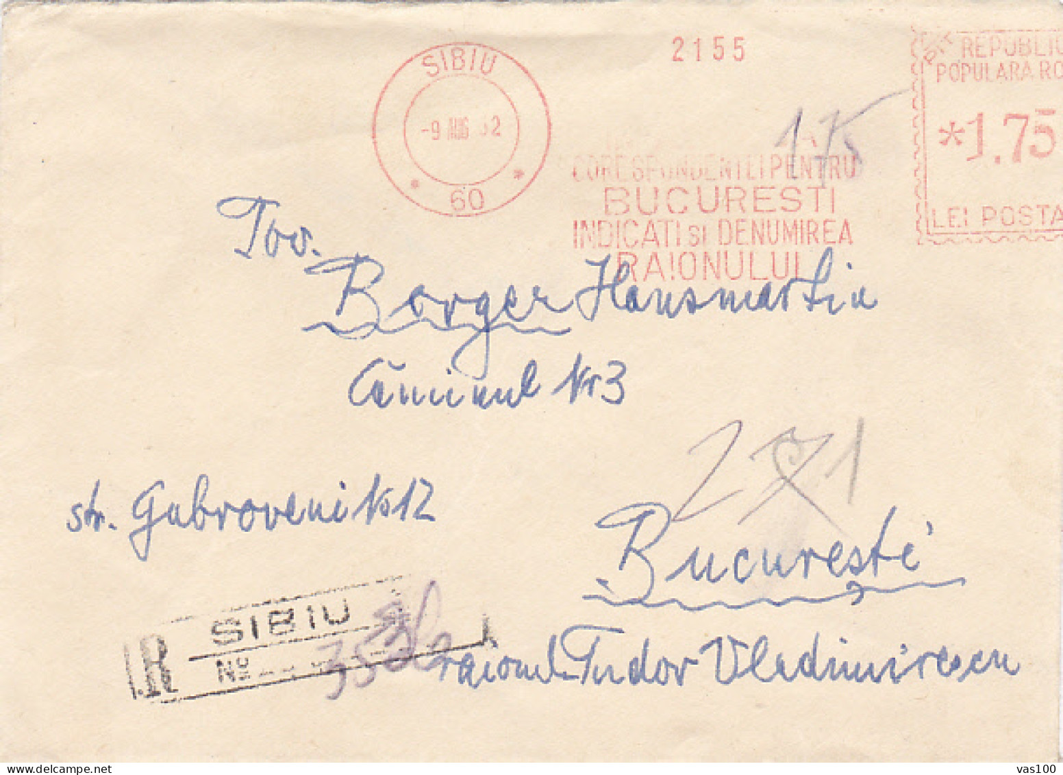 AMOUNT 1.75, SIBIU, RED MACHINE STAMPS ON REGISTERED COVER, 1962, ROMANIA - Briefe U. Dokumente