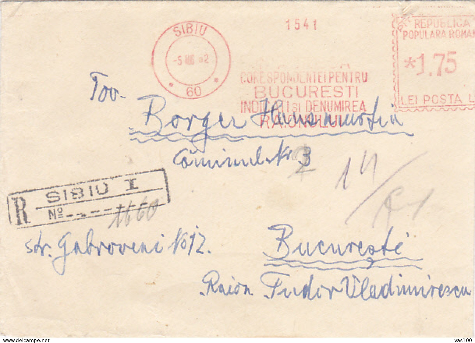 AMOUNT 1.75, SIBIU, RED MACHINE STAMPS ON REGISTERED COVER, 1962, ROMANIA - Brieven En Documenten
