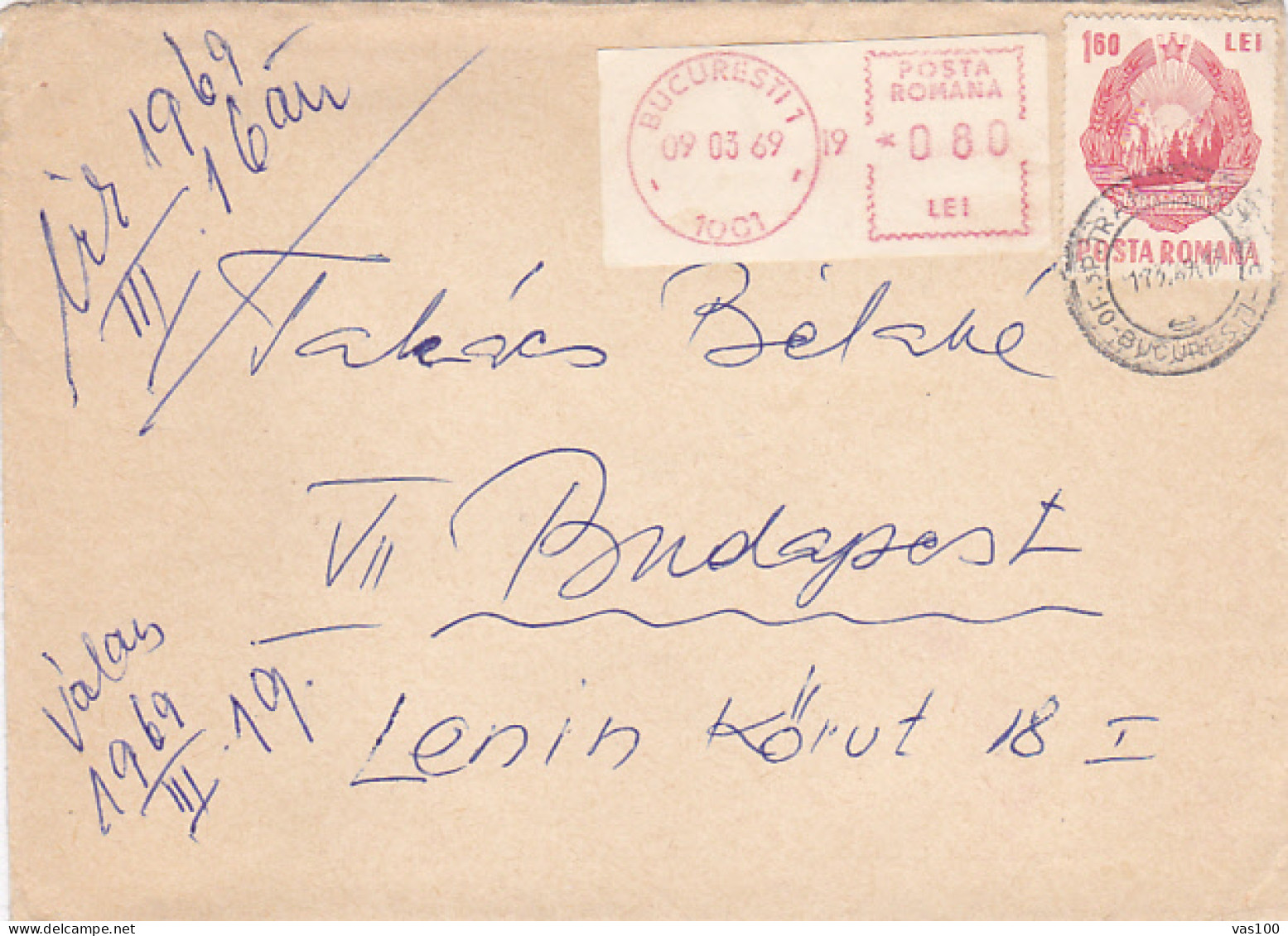 AMOUNT 0.80, BUCHAREST, RED MACHINE STAMPS, REPUBLIC COAT OF ARMS STAMP ON COVER, 1969, ROMANIA - Cartas & Documentos