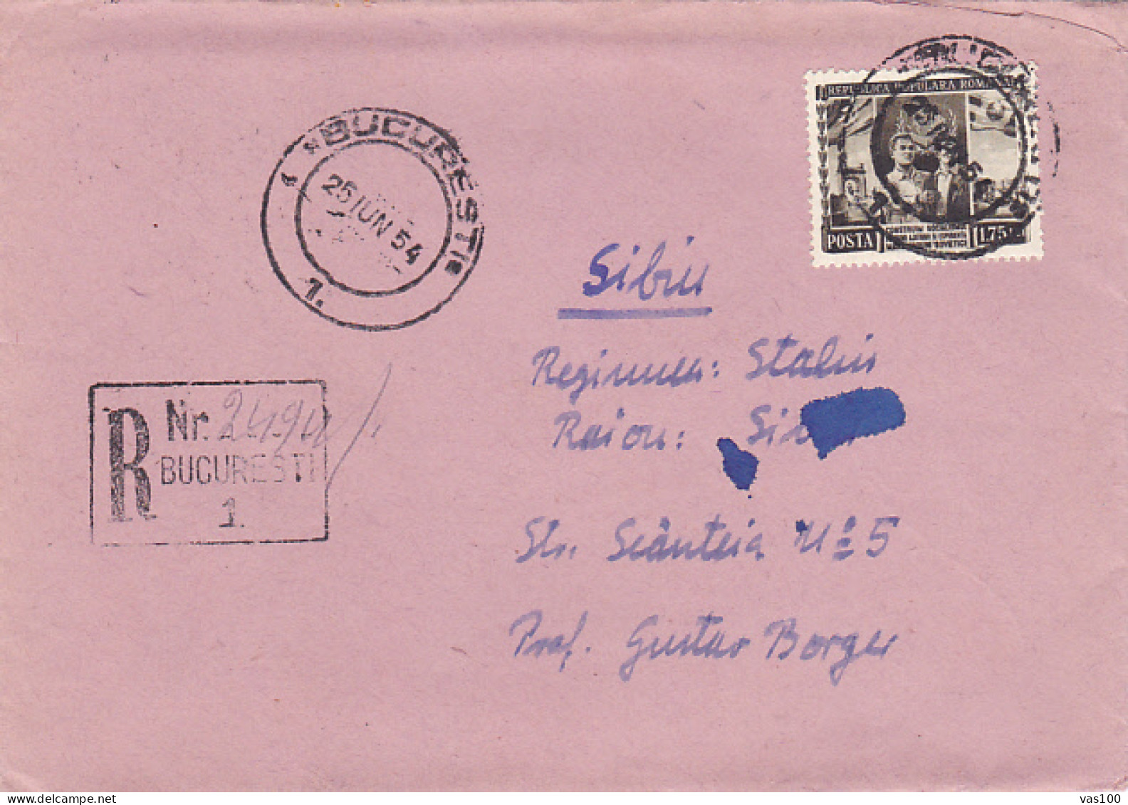 ROMANIAN SOVIET FRIENDSHIP, STAMP ON REGISTERED COVER, 1954, ROMANIA - Briefe U. Dokumente