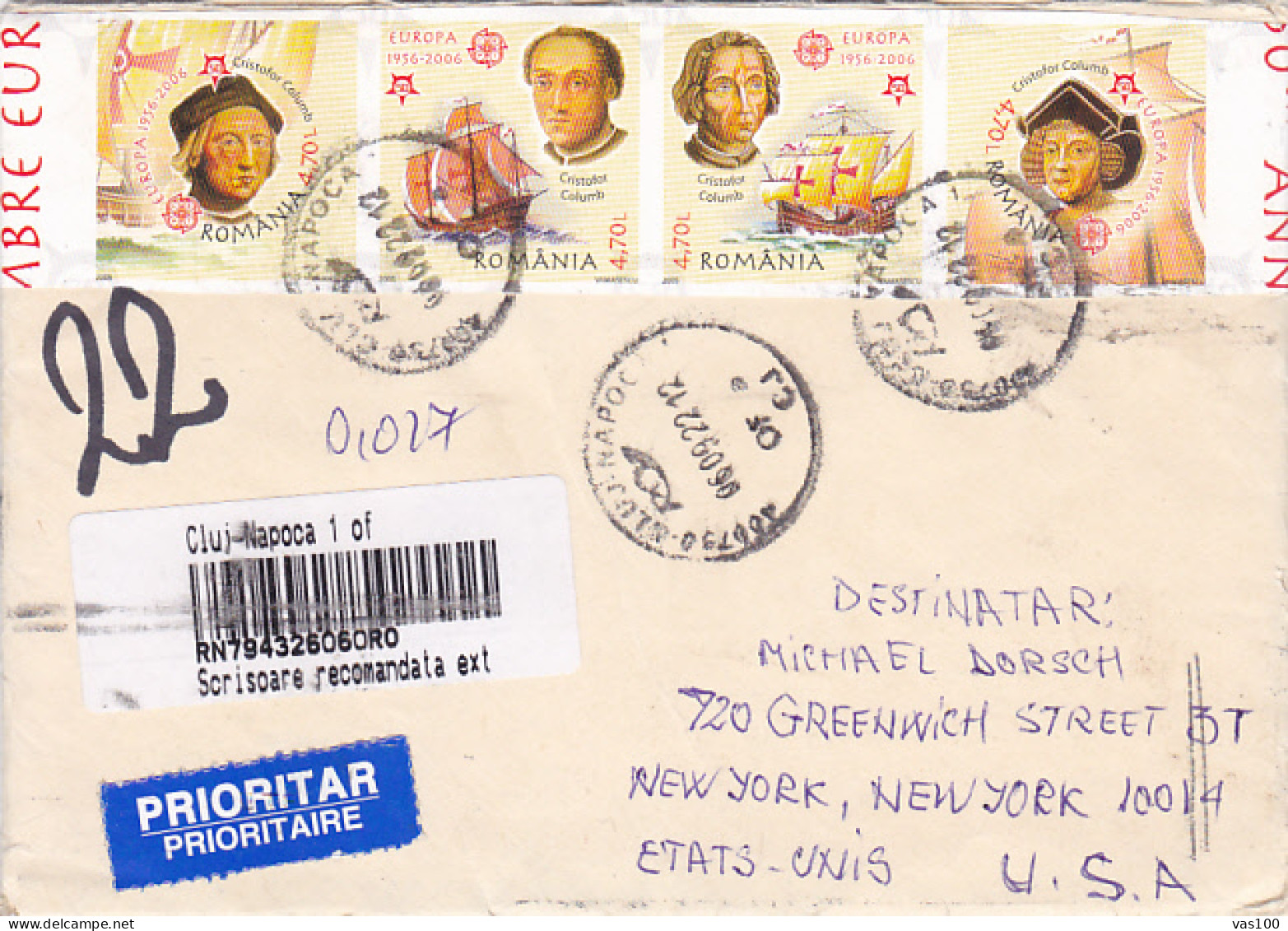 CHRISTOPHER COLUMBUS, SHIP, POTTERY- JUG, STAMPS ON REGISTERED COVER, 2022, ROMANIA - Briefe U. Dokumente
