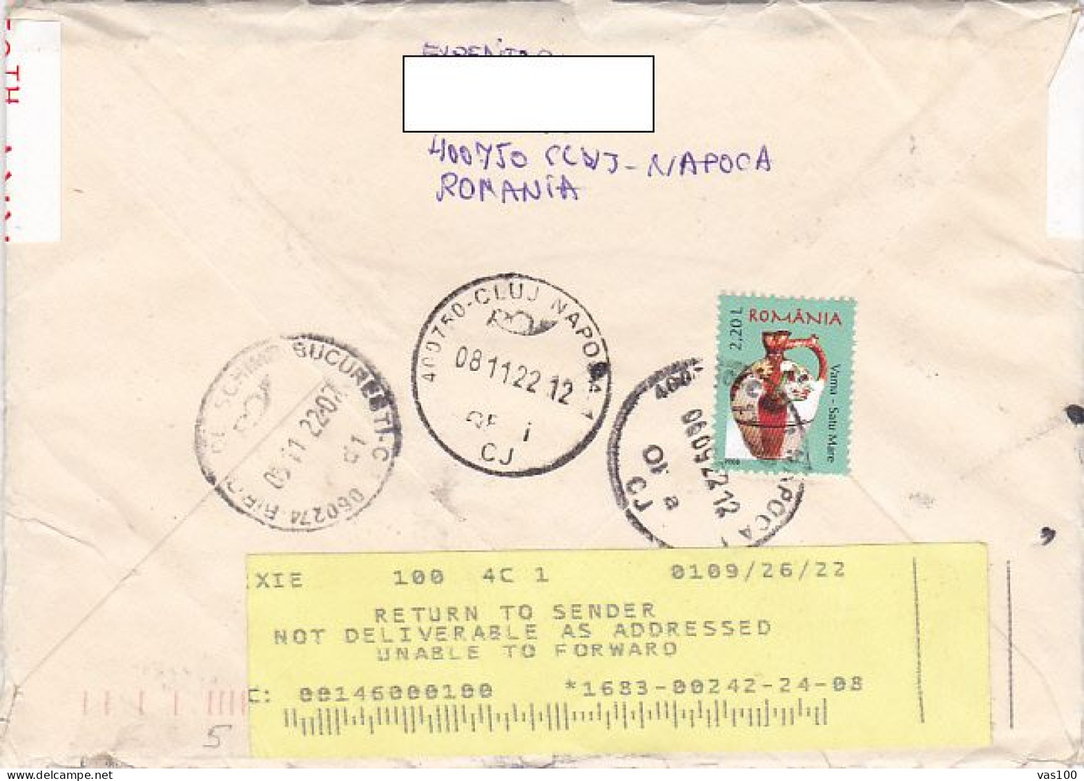 CHRISTOPHER COLUMBUS, SHIP, POTTERY- JUG, STAMPS ON REGISTERED COVER, 2022, ROMANIA - Cartas & Documentos