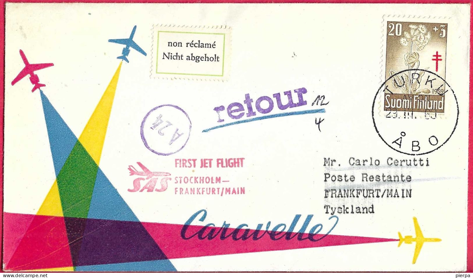 SVERIGE - FIRST FLIGHT SAS WITH CARAVELLE FROM STOCKHOLM TO FRANKFURT *1.4.60* ON OFFICIAL COVER FROM FINLAND - Storia Postale