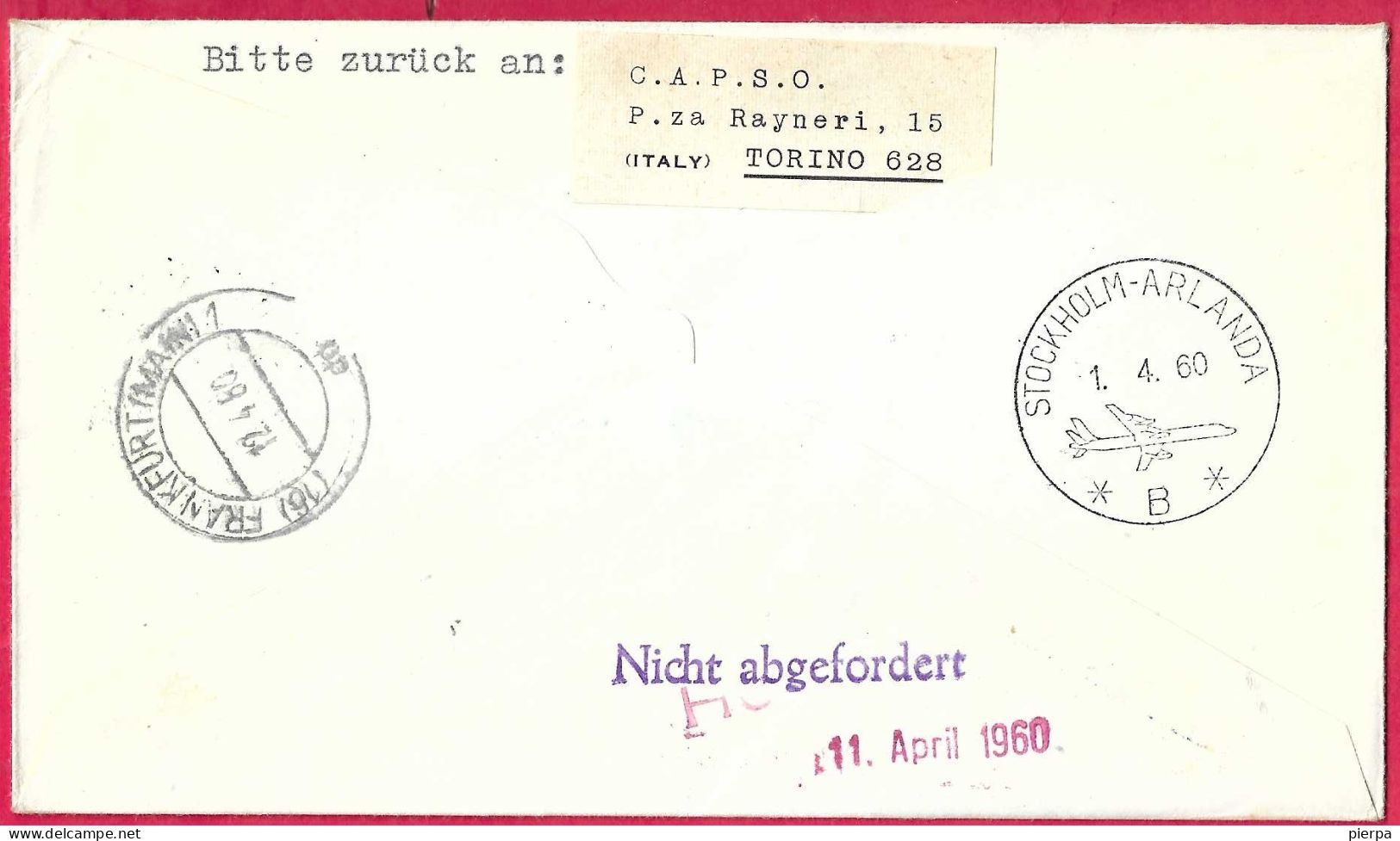 SVERIGE - FIRST FLIGHT SAS WITH CARAVELLE FROM STOCKHOLM TO FRANKFURT *1.4.60* ON OFFICIAL COVER FROM FINLAND - Lettres & Documents