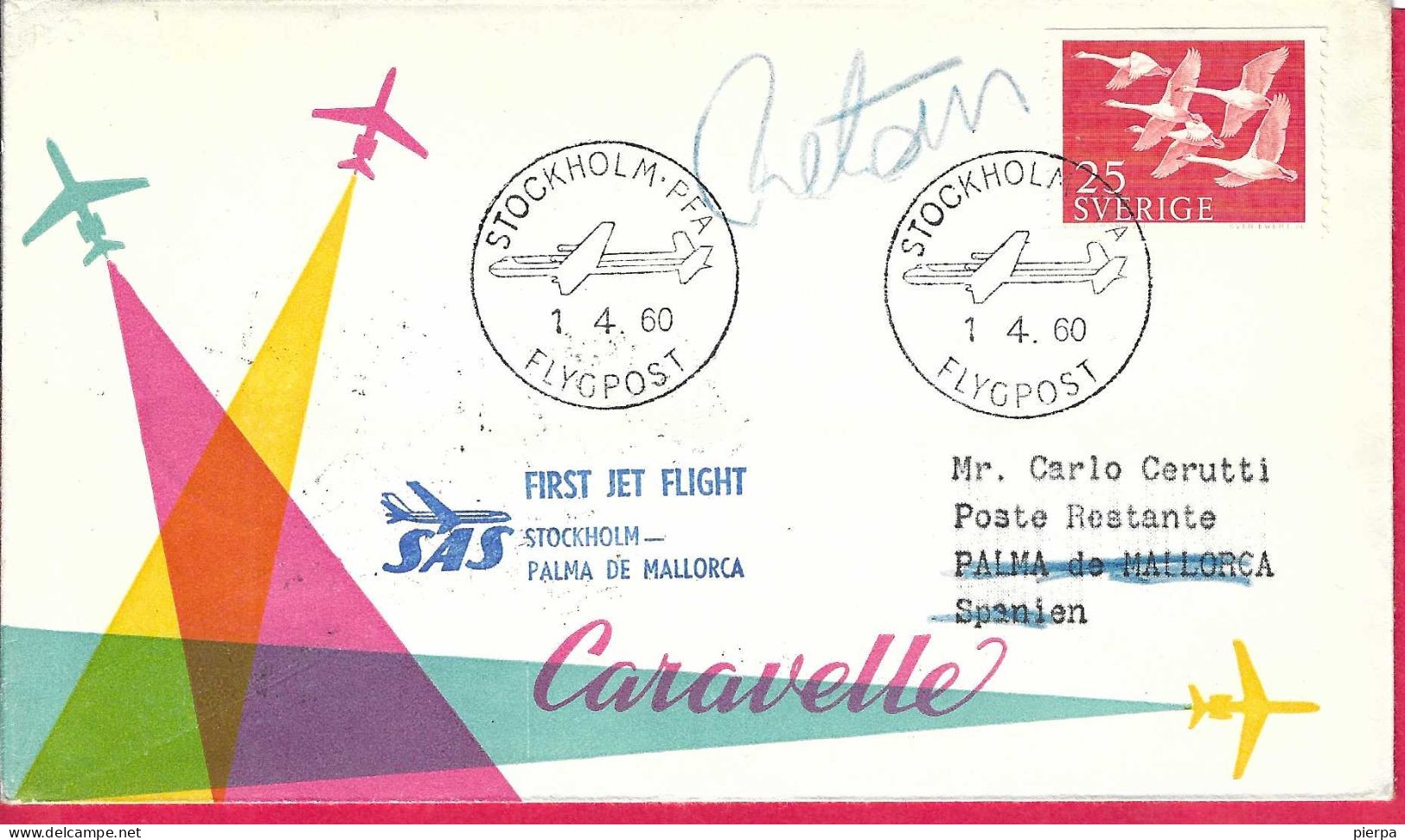 SVERIGE - FIRST FLIGHT SAS WITH CARAVELLE FROM STOCKHOLM TO PALMA DE MAIORCA *1.4.60* ON OFFICIAL COVER - Covers & Documents