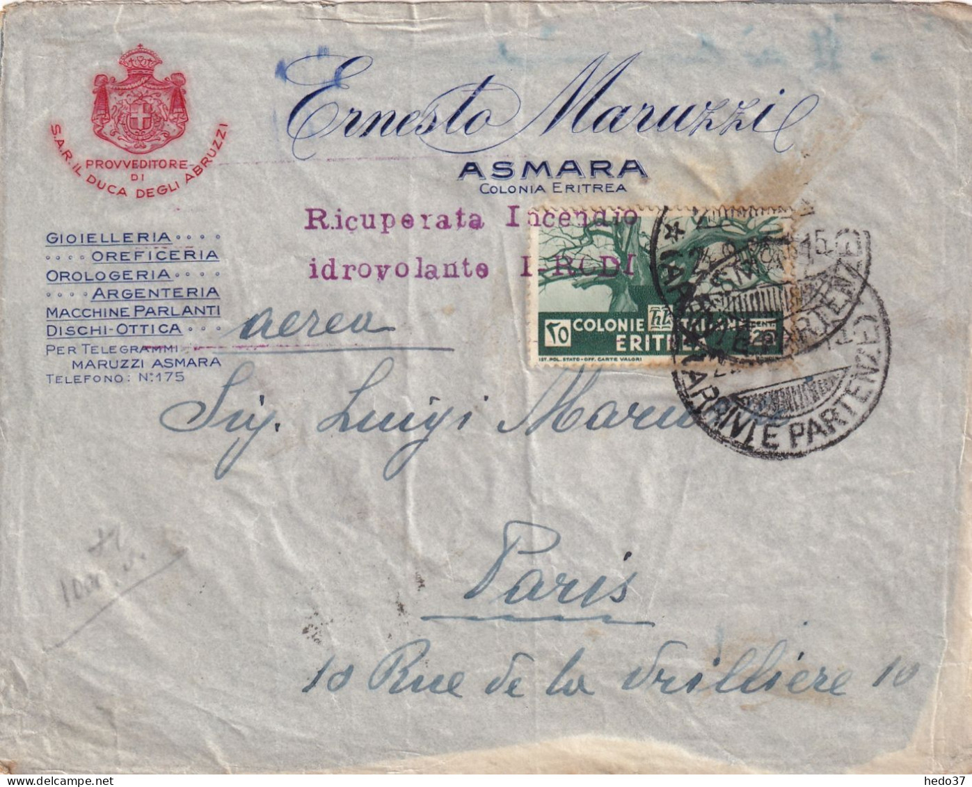 Italie - Eritrée - Lettre - Griffe Ricuperata Incendio / Idrovolante I-Rodi - 1936 - Eritrée