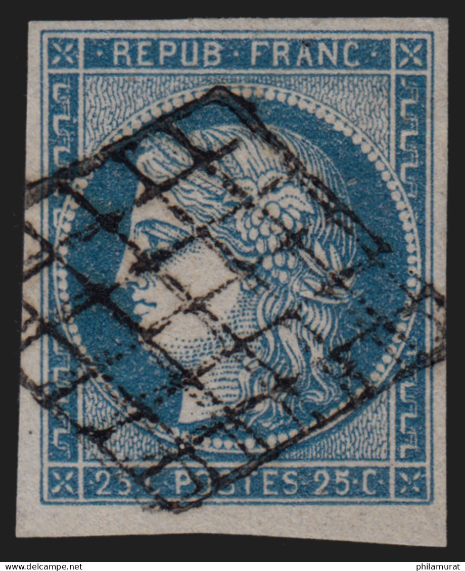 N°4, Cérès 1850, 25c Bleu, Oblitéré Grille Noire - TB - 1849-1850 Ceres