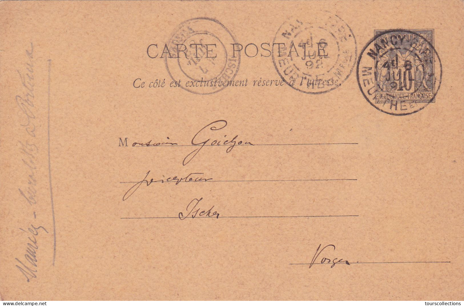 ENTIER POSTAL SAGE CARTE POSTALE De 1892 - Cachet NANCY Gare à ISCHES Vosges - Envoi.à Goichon Percepteur Impôts - Cartes Précurseurs