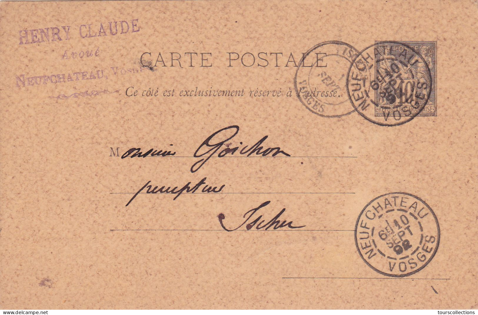 ENTIER POSTAL SAGE CARTE POSTALE De 1892 - Cachet NEUFCHATEAU à ISCHES Vosges - Envoi.à Goichon Percepteur Impôts - Cartes Précurseurs