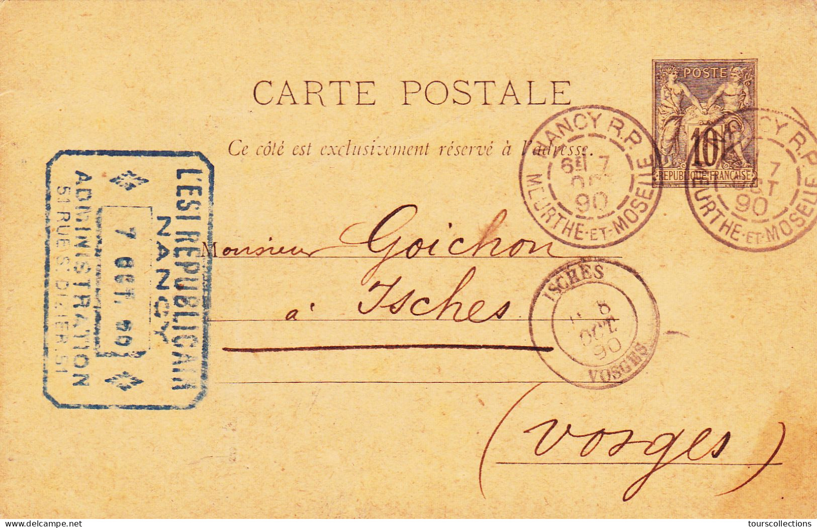 ENTIER POSTAL CARTE POSTALE De 1890 Cachet NANCY à ISCHES Vosges - Journal L'Est Républicain.à Goichon Percepteur Impôts - Cartes Précurseurs