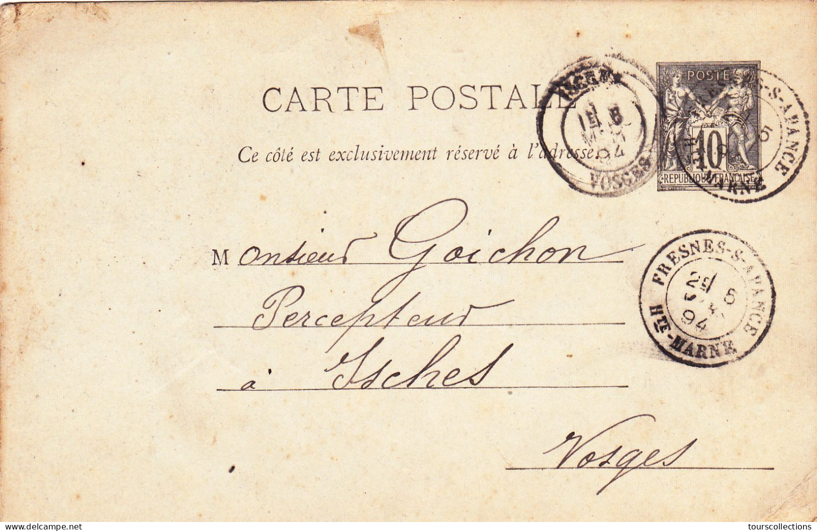 ENTIER POSTAL SAGE CARTE POSTALE De 1894 Cachet Fresnes Sur Apance 52 à ISCHES Vosges - à Goichon Percepteur Impôts - Cartes Précurseurs