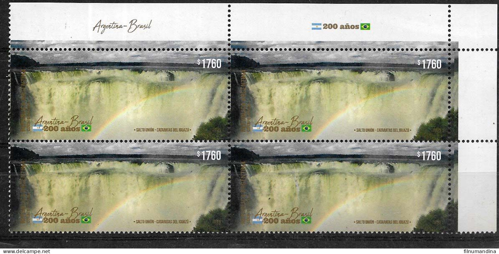 #75290 ARGENTINA 2023 BRASIL BRAZIL DIPLOMATIC RELATIONS 200°ANIV WATERFALLS IGUAZU BLOC X4 MNH - Unused Stamps