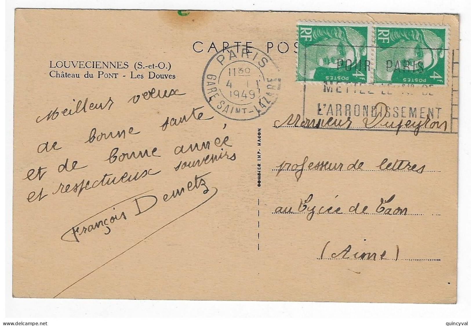 PARIS Gare St Lazare Carte Postale 4 F Gandon Vert Emeraude X 2 Ob Meca 4 1 1949 - 1945-54 Marianne (Gandon)