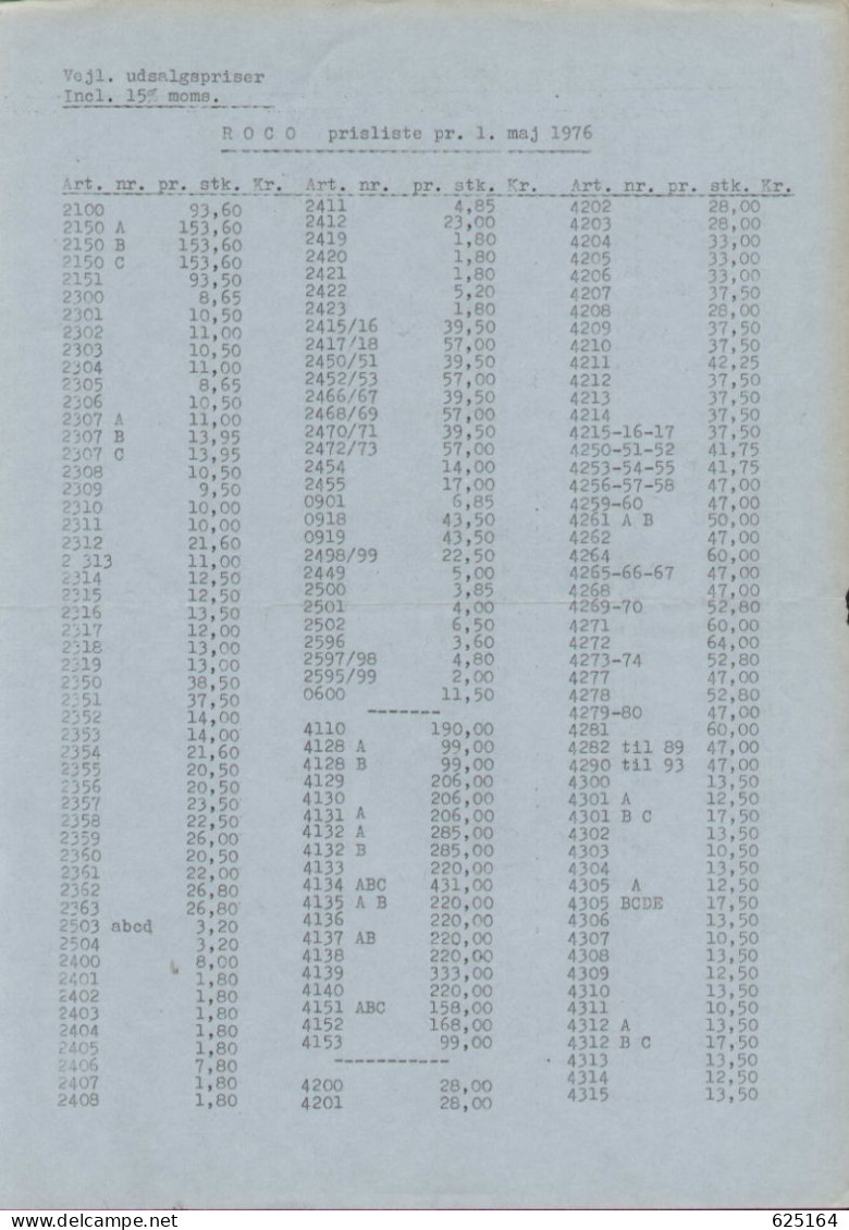 Catalogue ROCO 1976 Prislista 1/5/1976 Danish Kronen ONLY PREISLISTE - En Danois - Sin Clasificación