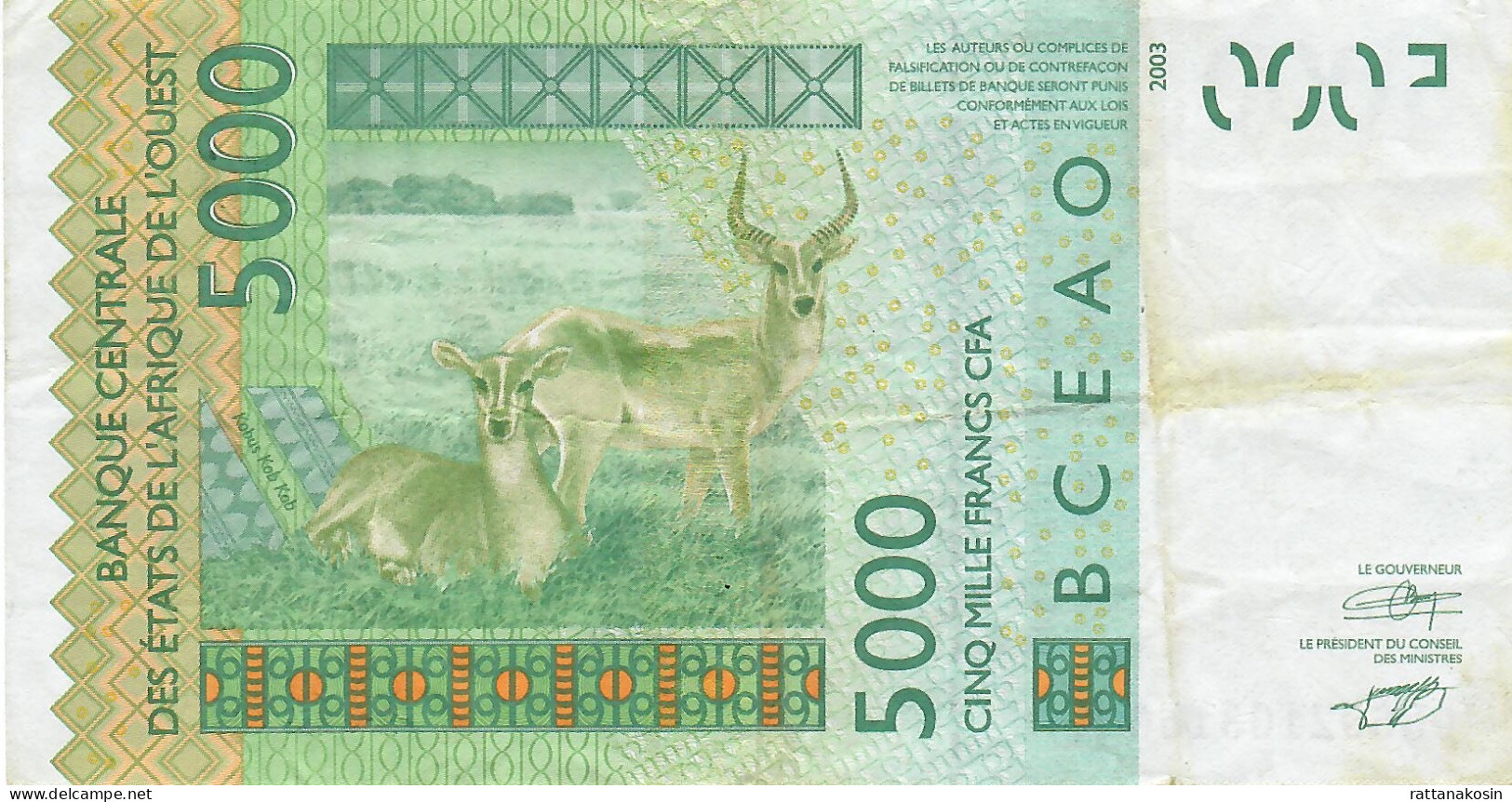 W.A.S.  SENEGAL P717Kf  5000 FRANCS (20)08  2008  Signature 34   VF-XF - États D'Afrique De L'Ouest