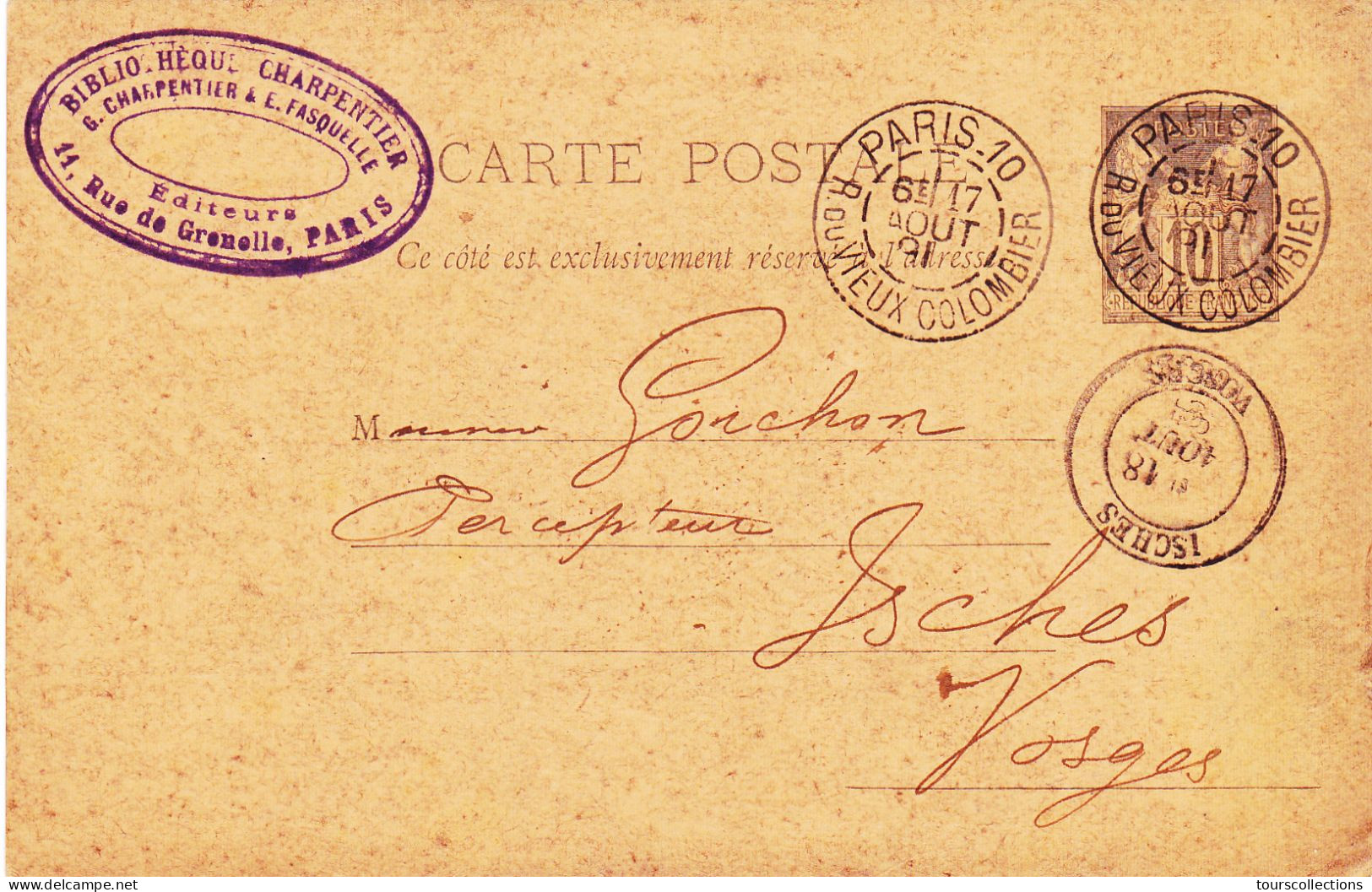 ENTIER POSTAL SAGE CARTE POSTALE De 1891 Cachet PARIS 10 Rue Colombier à ISCHES Vosges - à Goichon Percepteur Impôts - Cartes Précurseurs