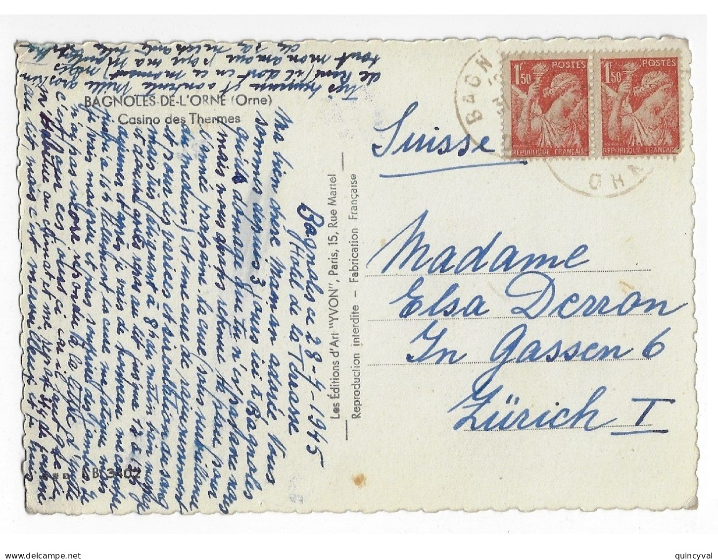 BAGNOLES Orne Carte Postale 1,50 F Yv 435 Dest ZURICH Suisse - 1939-44 Iris