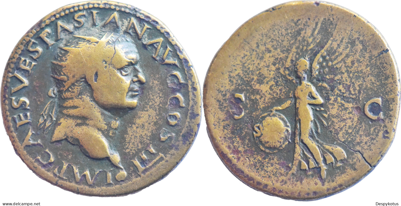 ROME - Dupondius - VESPASIEN - 71 AD - COS III - Victoire Avec Bouclier SPQR (lisible) - RARE - RIC.478 - 14-205 - La Dinastia Flavia (69 / 96)