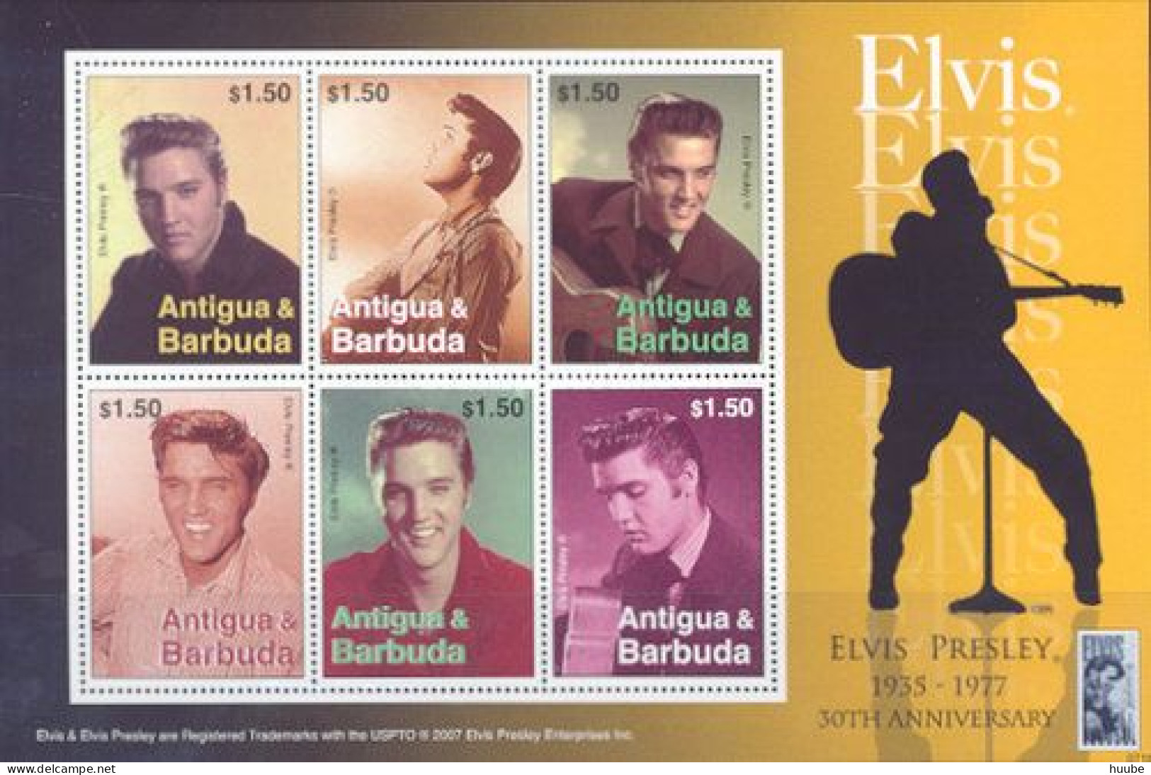 Antigua And Barbuda, 2007, MI 4531-4536, 30th Anniversary Of The Death Of Elvis Presley, Sheet Of 6, MNH - Elvis Presley