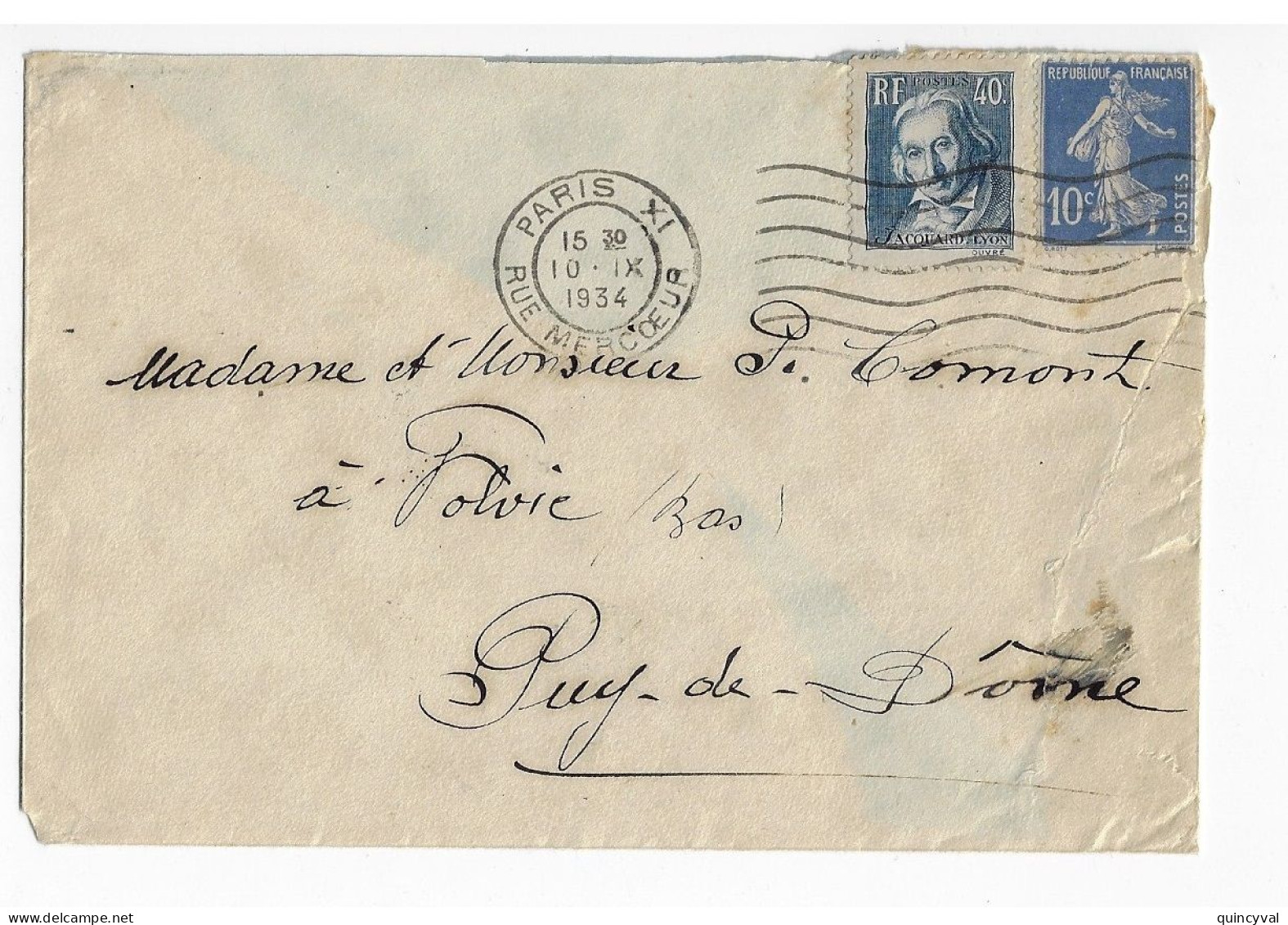 PARIS XI Rue Mercoeur Lettre 40c Jacquard 10c Semeuse Outremer Ob Meca 1934 Yv 295 279 - Storia Postale