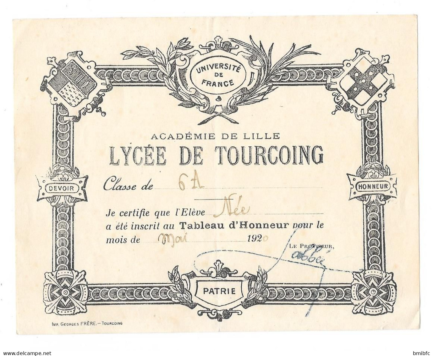 ACADÉMIE DE LILLE - LYCÉE DE TOURCOING - Classe De 6A - Mai 1920 TABLEAU D'HONNEUR à L'Elève .... - Diplômes & Bulletins Scolaires