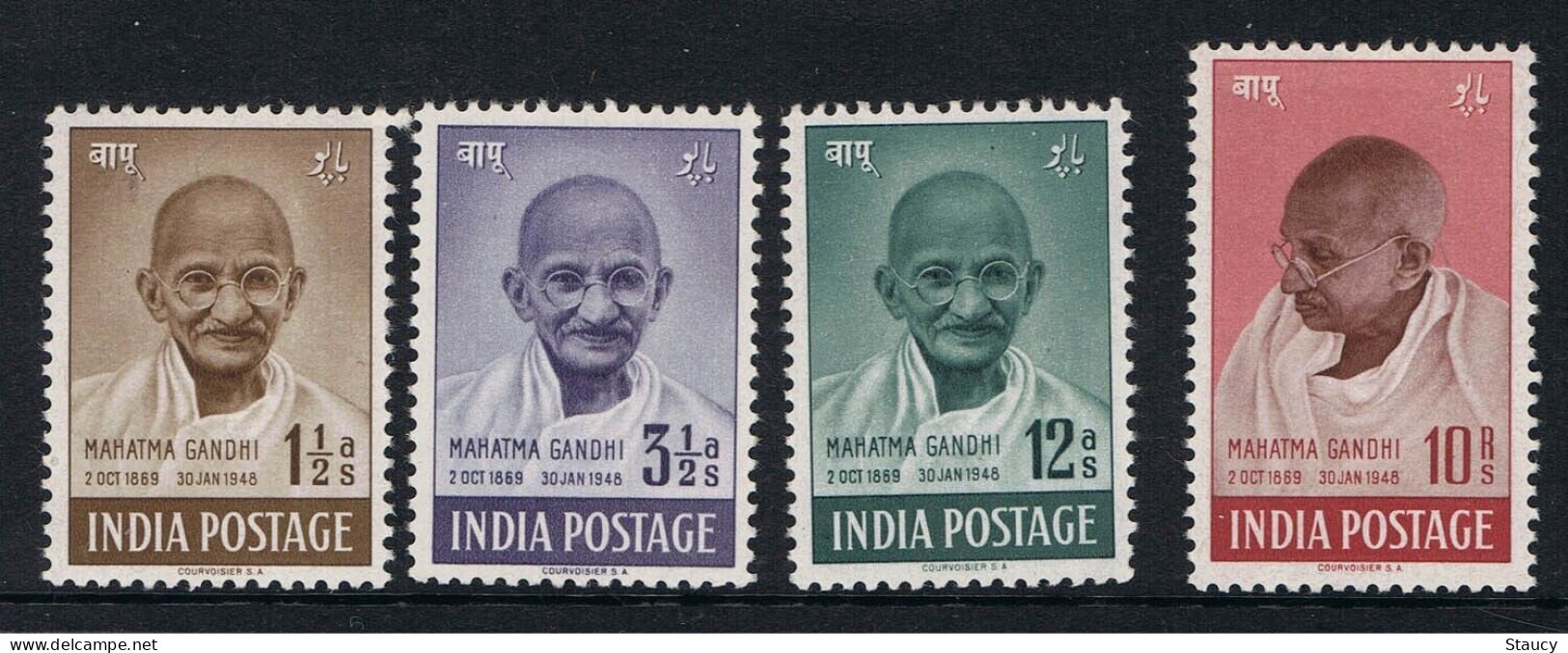 India 1948 Mahatma Gandhi Mourning 4v SET Mounted Mint Uneven Back, NICE COLOUR As Per Scan - Ongebruikt