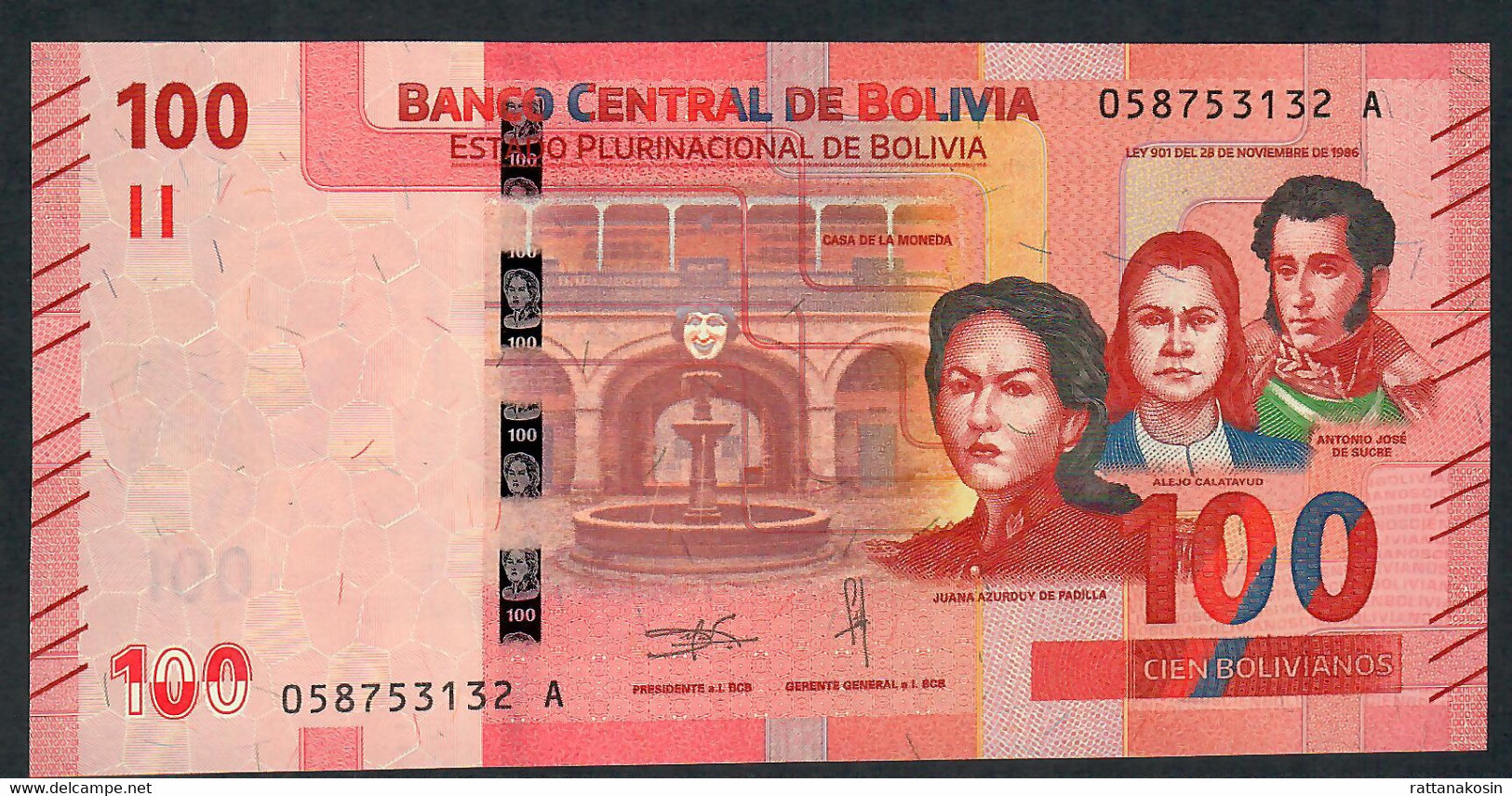 BOLIVIA NLP100 BOLIVIANOS 28.11.1986 Issued  2019 #0-----A  Signature 94      UNC. - Bolivien