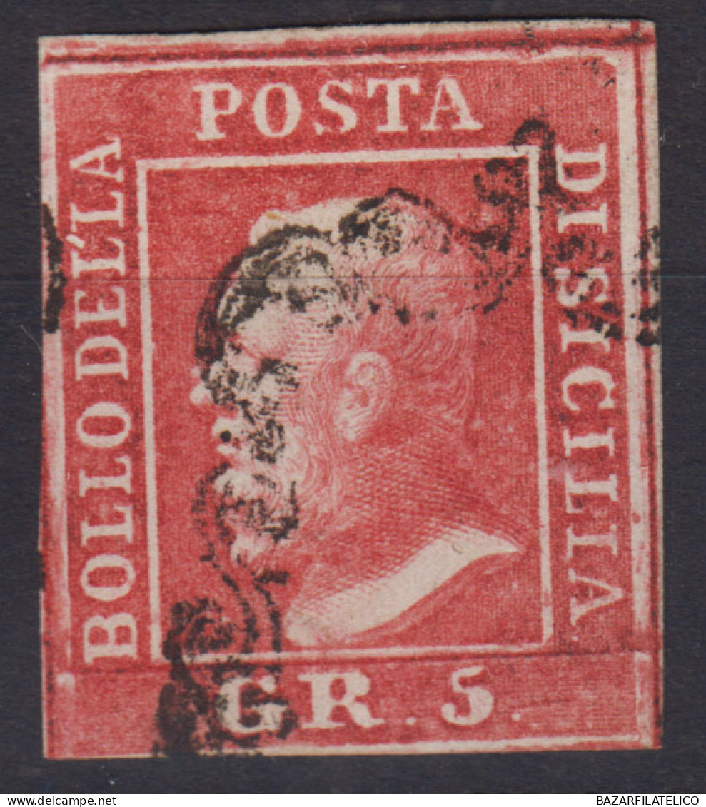SICILIA 1859 5 GRANA I TAVOLA ROSA CARMINIO N.9 USATO CERT. - Sicilia
